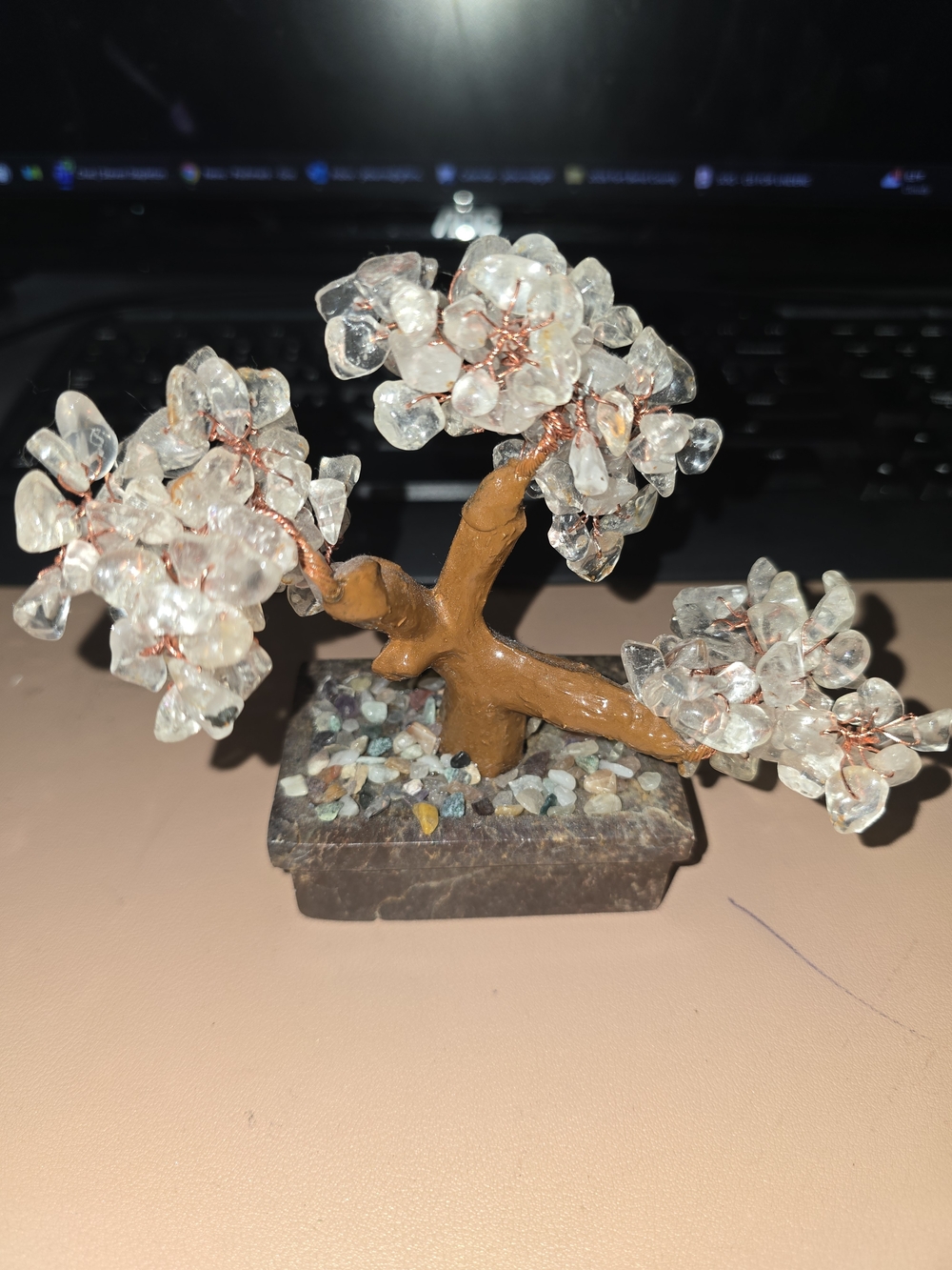 Clear Pink Crystal Gemstone Bonsai Tree Sculpture - Decorative Home Accent, 5.5"